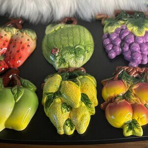6 Vintage Ceramic Fruit Wall Plaques 3D Art Grapes Lemons Strawberry Apple Melon